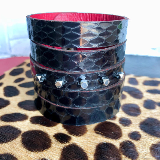 Black Snakeskin Leather Slit Cuff with Beads