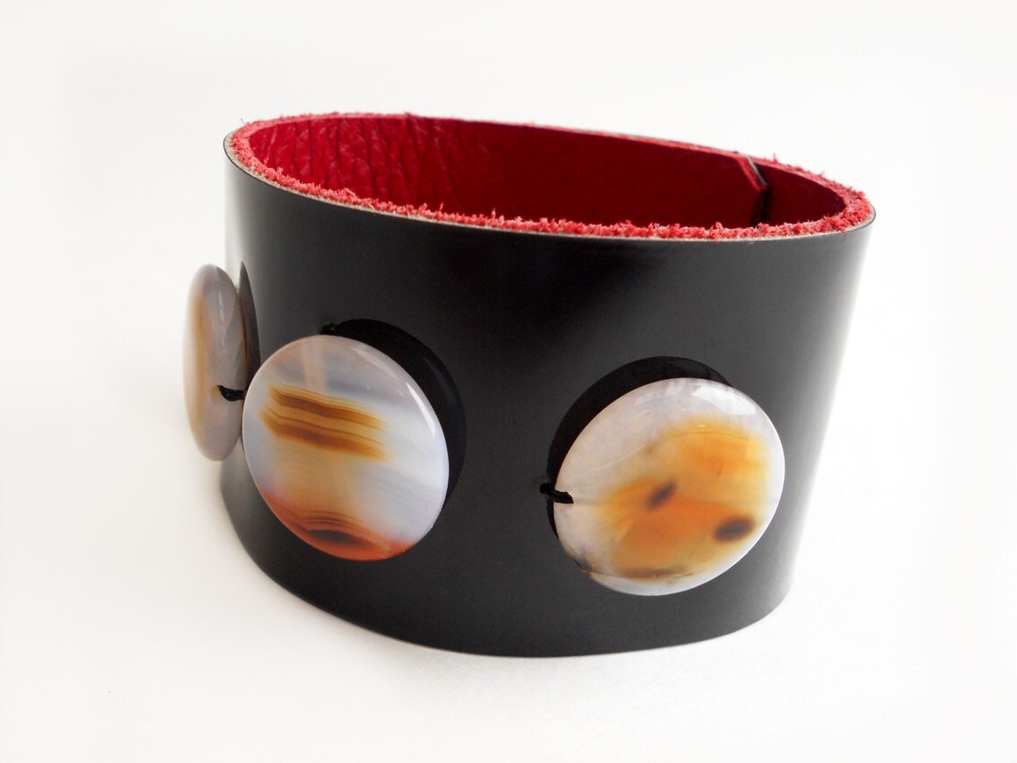 Black Patent Leather Cuff Bracelet with Crystal Agate Beads
