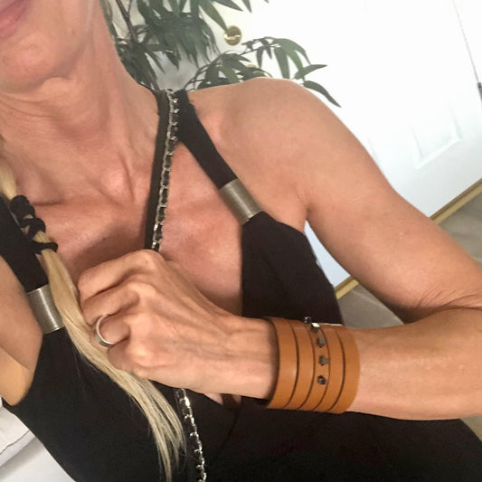 Handmade Genuine Leather Slit Cuff with Beads: Caramel