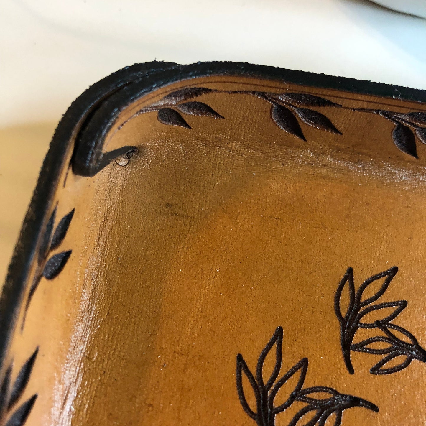Handmade Leather Catch All Tray with Leaf Motif