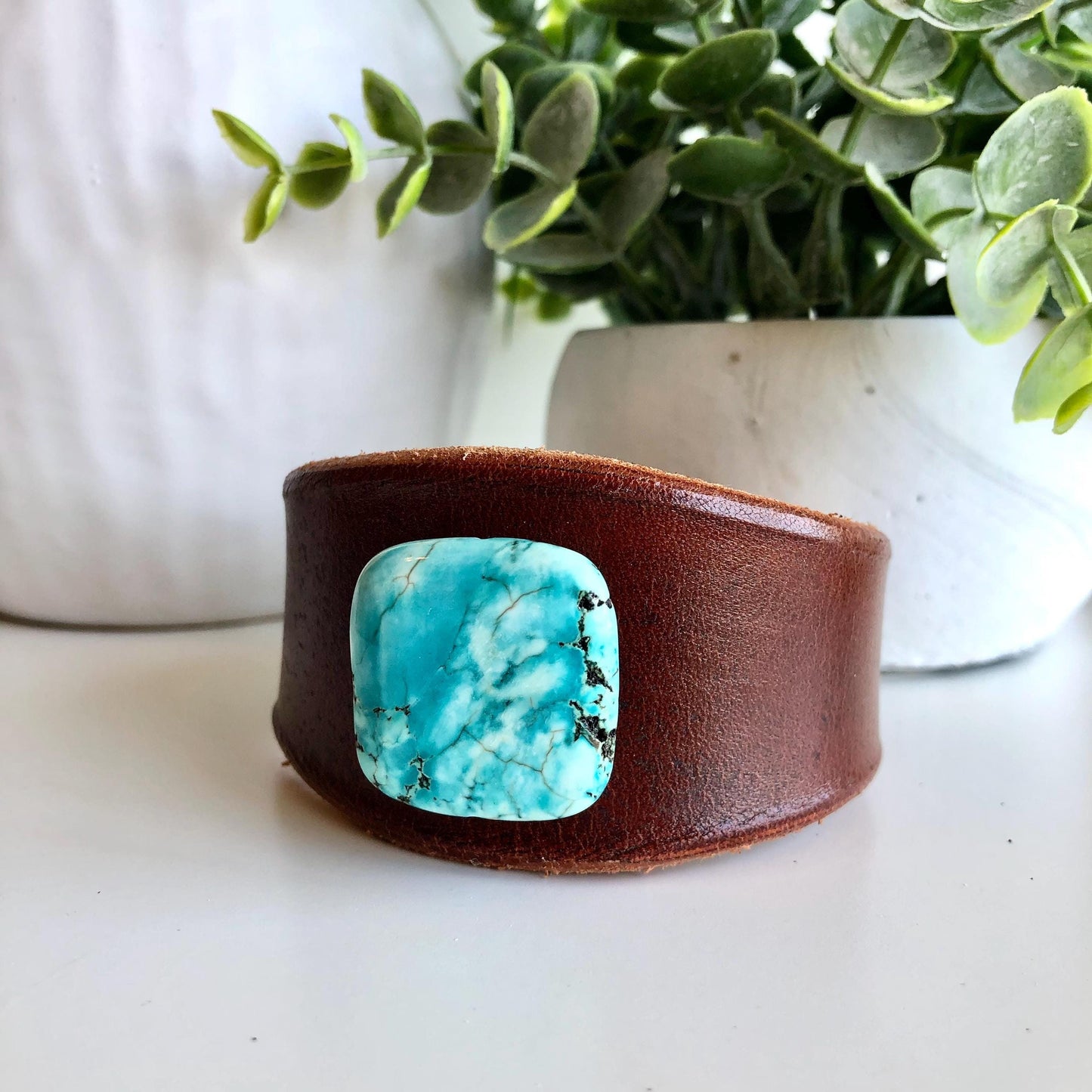 Brown Leather Bracelet with Turquoise Colored Howlite Bead