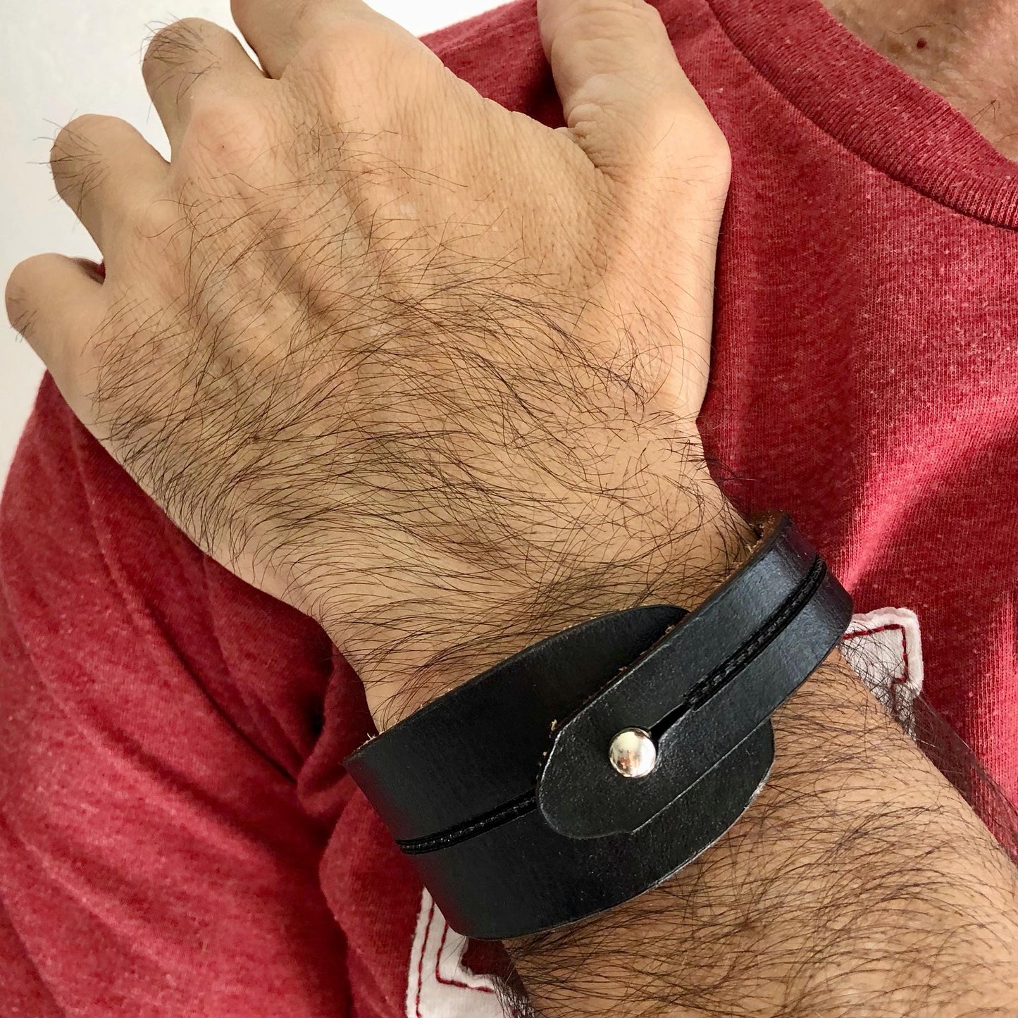 Classic Black Leather Bracelet for Men Handmade from Rawhide Leather