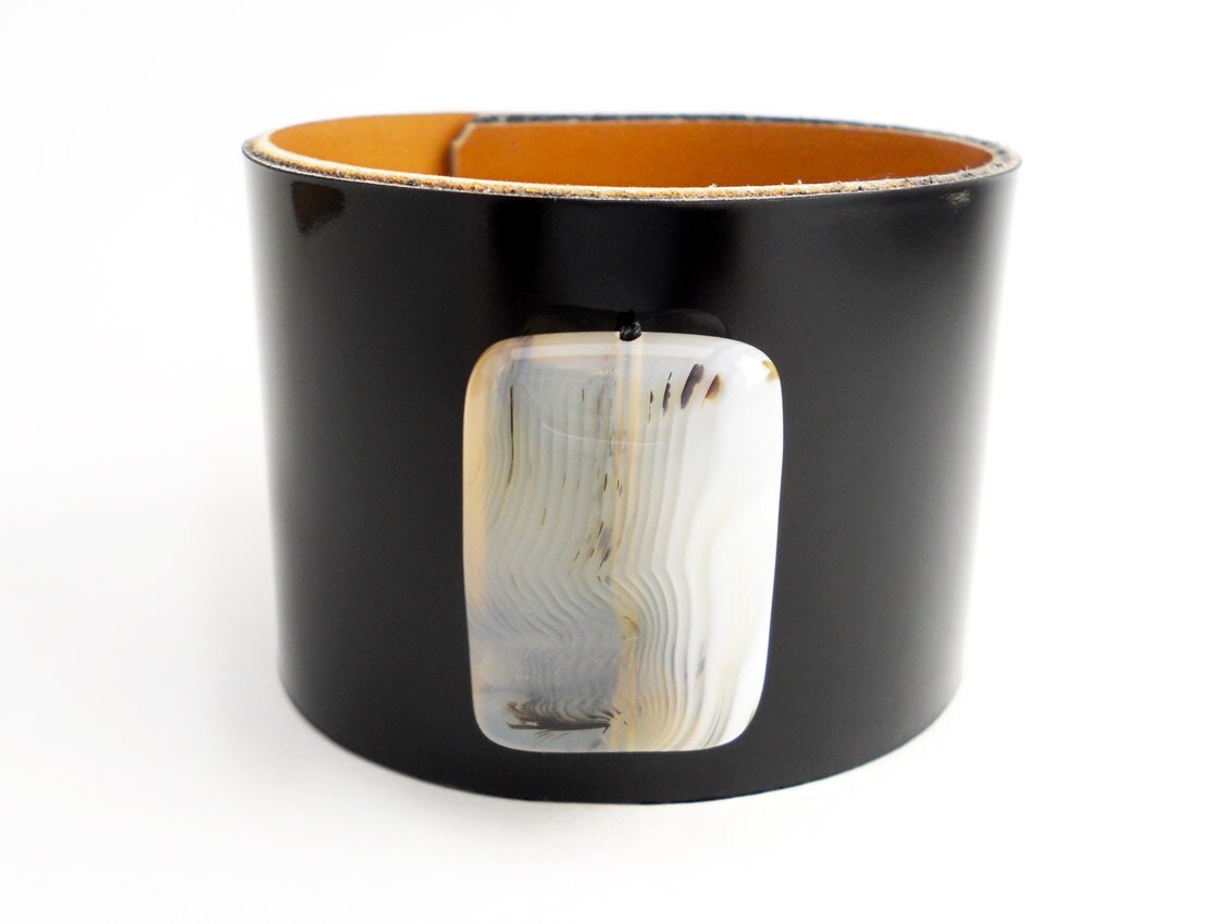 Black Patent Leather Bracelet with White Carnelian Bead