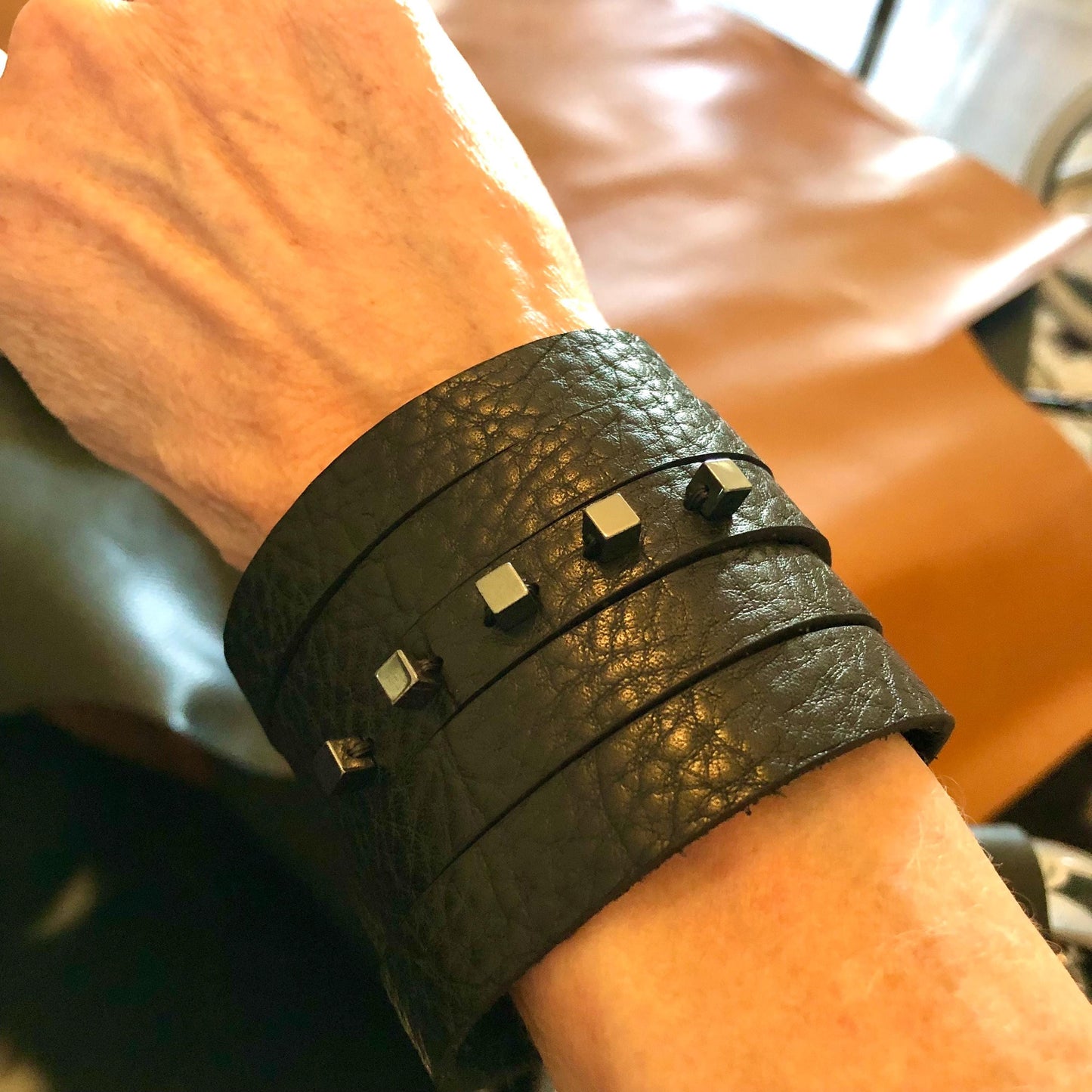 Black Leather Leather Slit Cuff with Beads