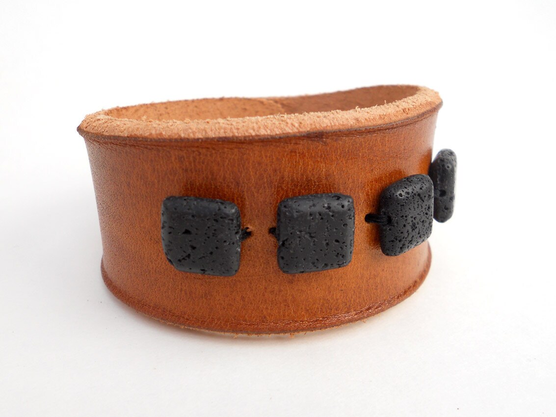 Brown Leather Bracelet with Black Lava Stone Beads