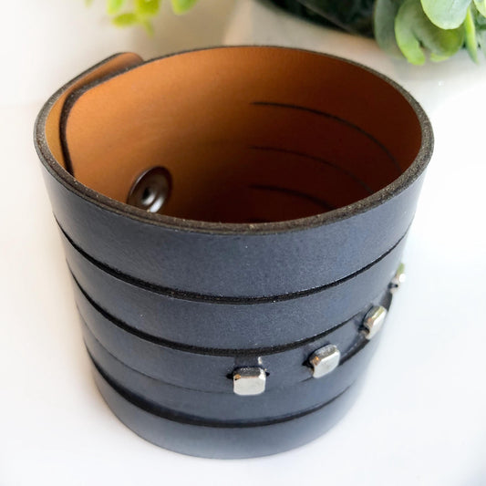 Genuine Leather Slit Cuff Bracelet with Beads, Navy Blue