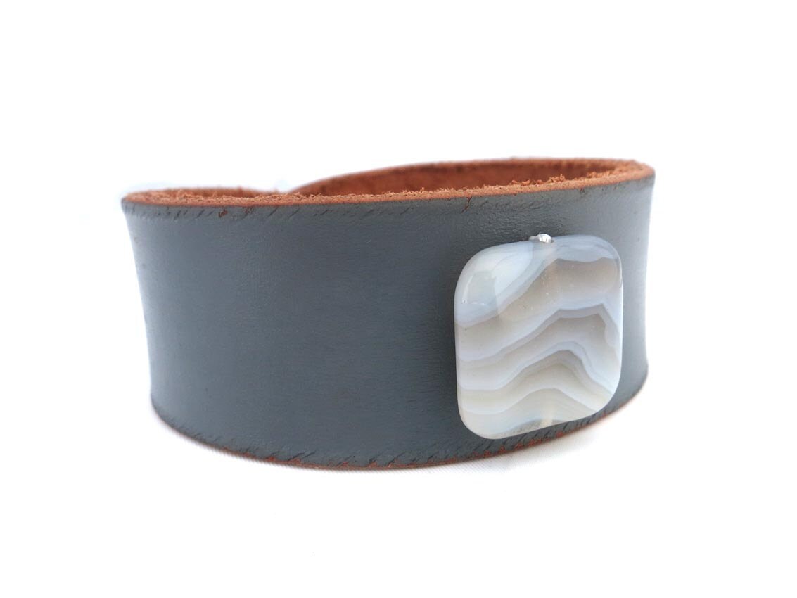 Gray Rawhide Leather Bracelet with White Agate Stone Bead