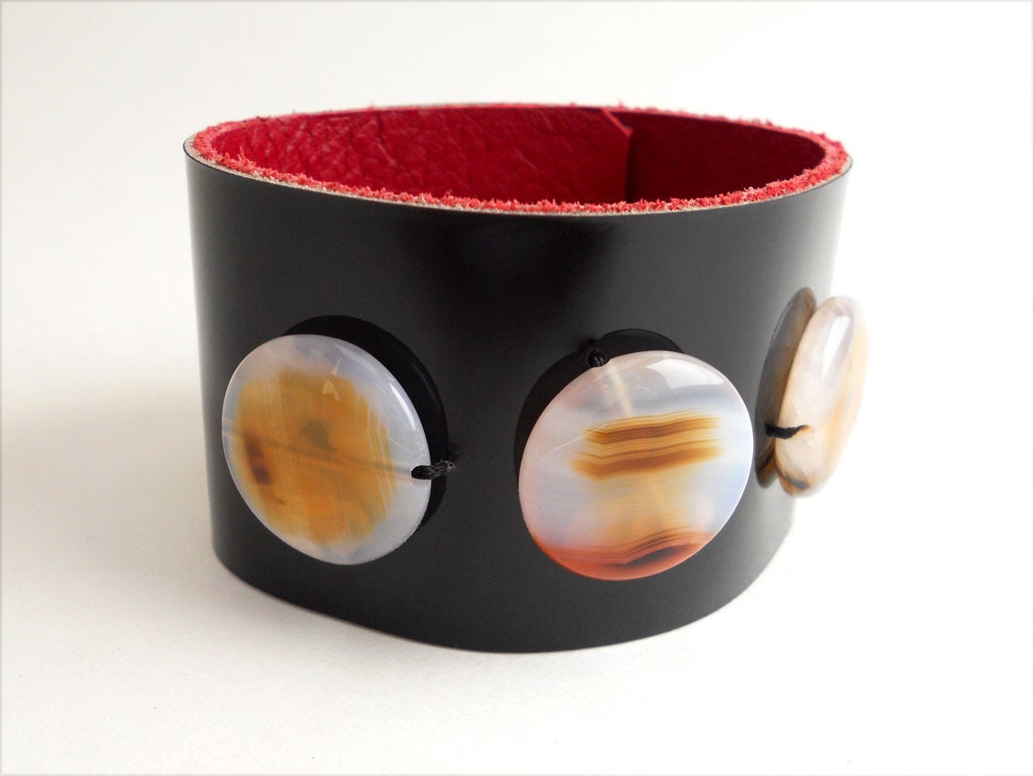 Black Patent Leather Cuff Bracelet with Crystal Agate Beads