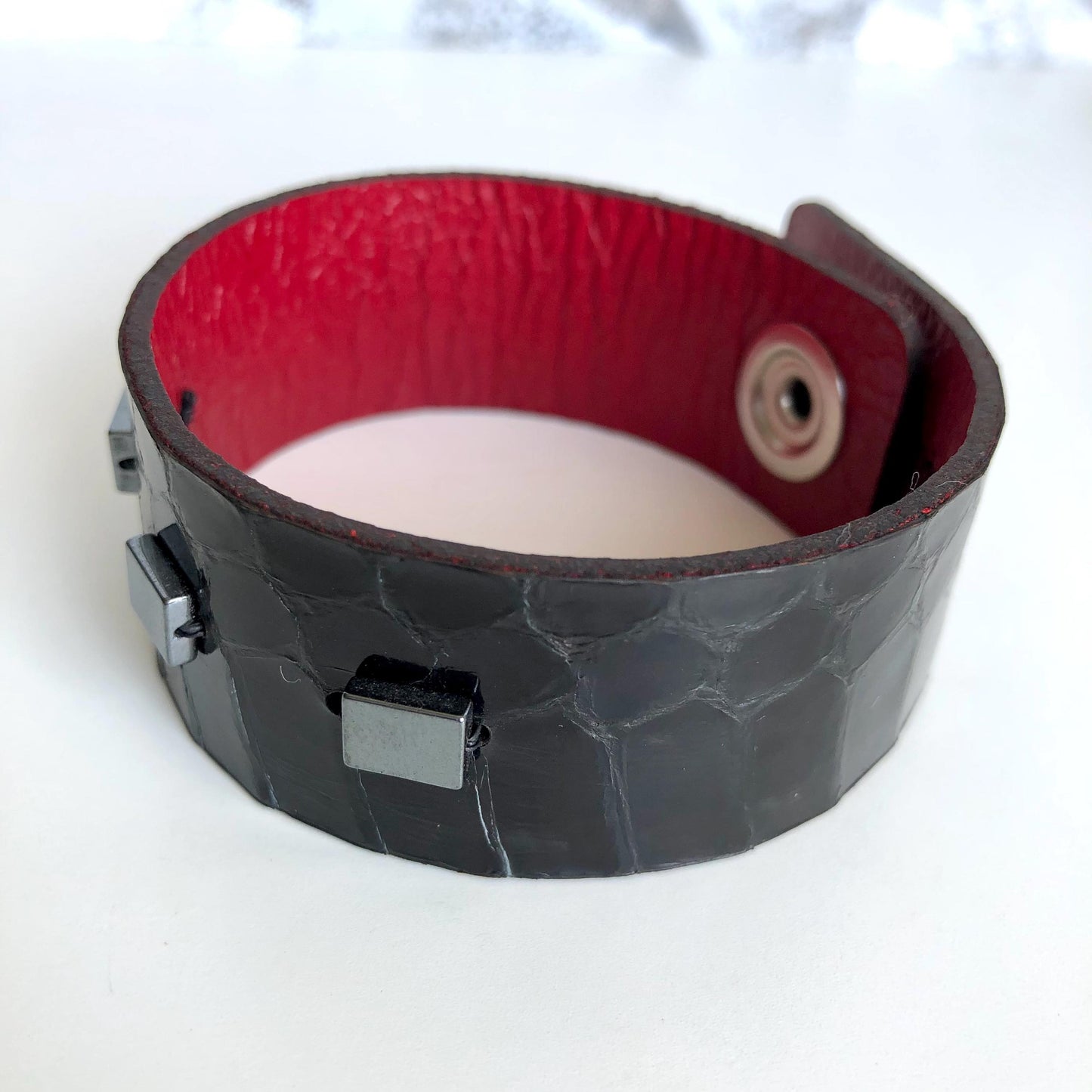 Black Snakeskin Bracelet with Hematite Beads