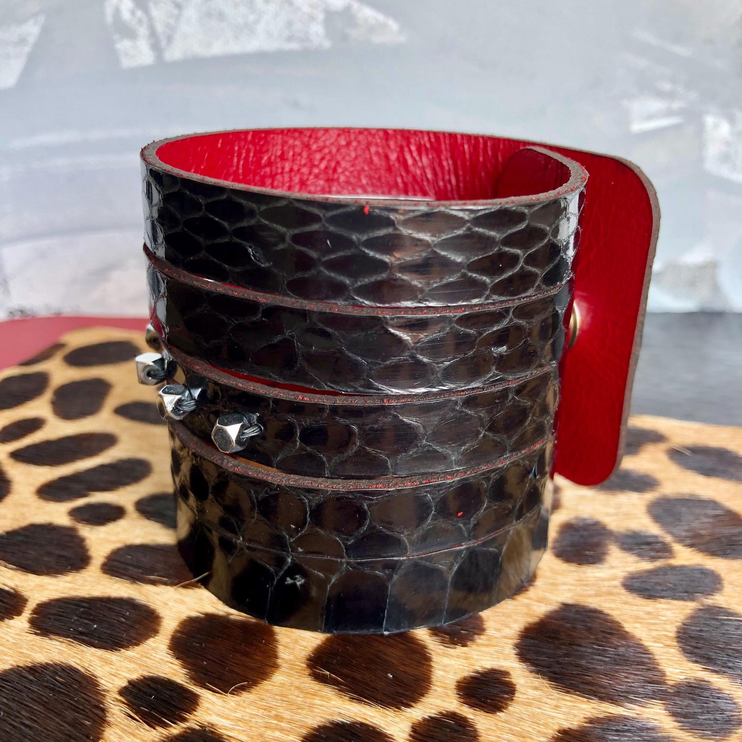 Black Snakeskin Leather Slit Cuff with Beads