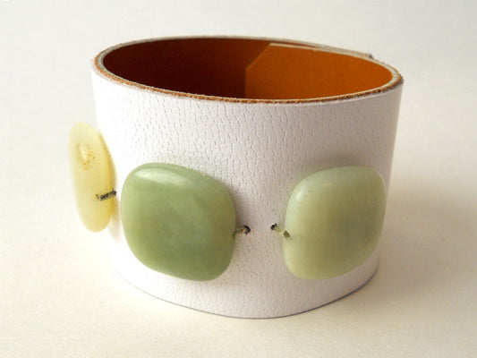 White Leather Bracelet with Green Jade Stone Beads