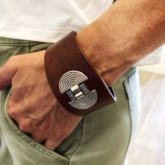 Handmade Genuine Leather Beaded Cuff Bracelet, Dark Brown