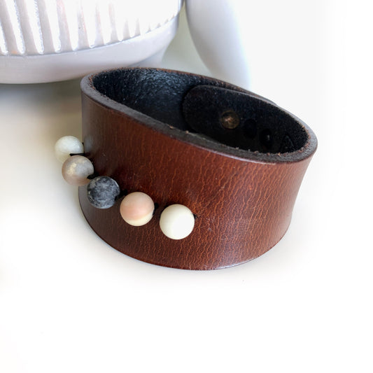 Handmade Genuine Leather Beaded Cuff Bracelet, Dark Brown