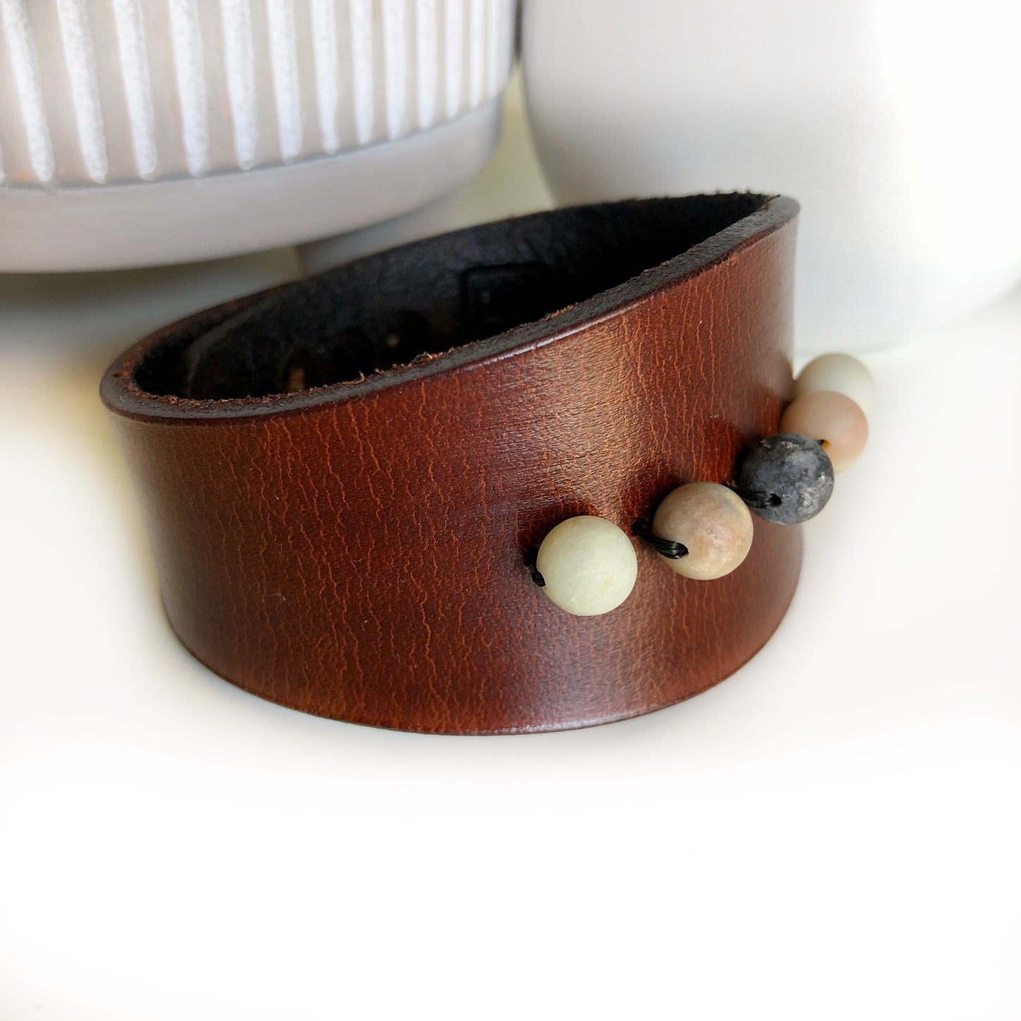 Handmade Genuine Leather Beaded Cuff Bracelet, Dark Brown