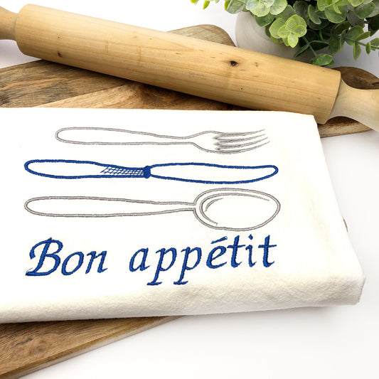 100% Organic Embroidered Cotton Dishtowel, Bon Appétit