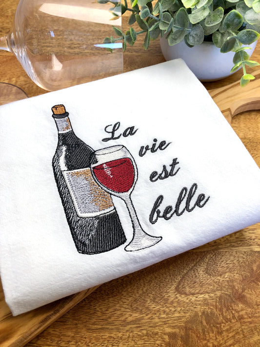 100% Organic Cotton Embroidered Dishtowel, La Vie est Belle