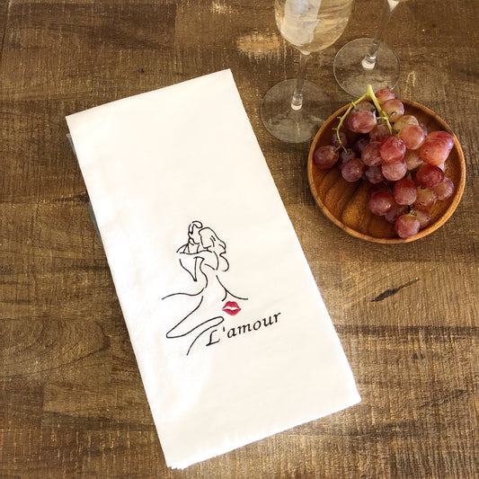 100% Organic Cotton Embroidered Dishtowel, L'amour
