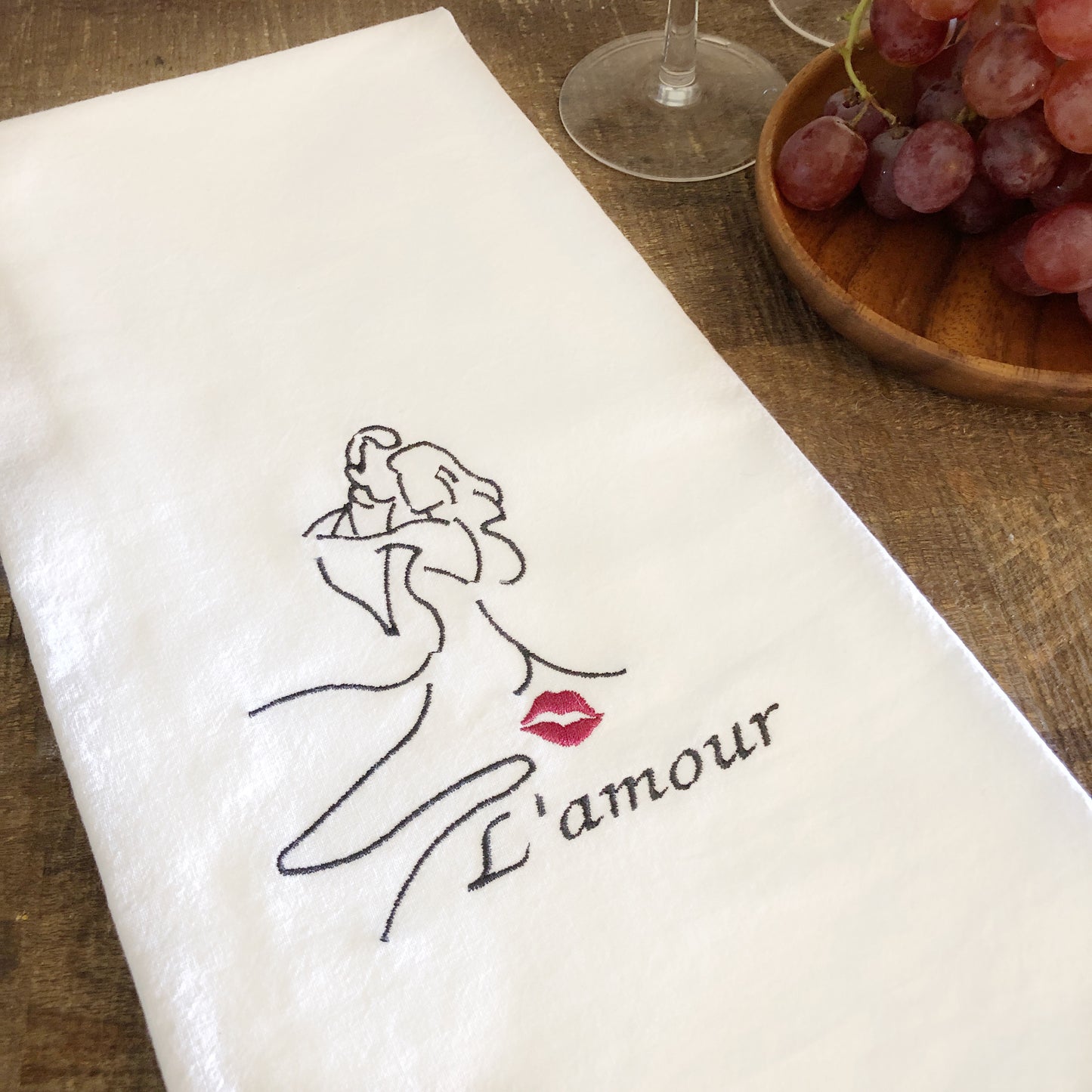 100% Organic Cotton Embroidered Dishtowel, L'amour