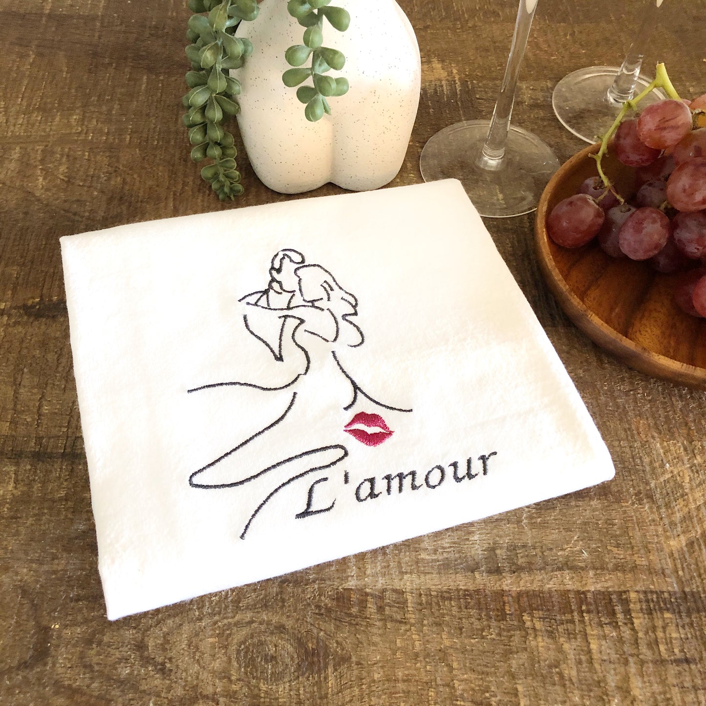 100% Organic Cotton Embroidered Dishtowel, L'amour