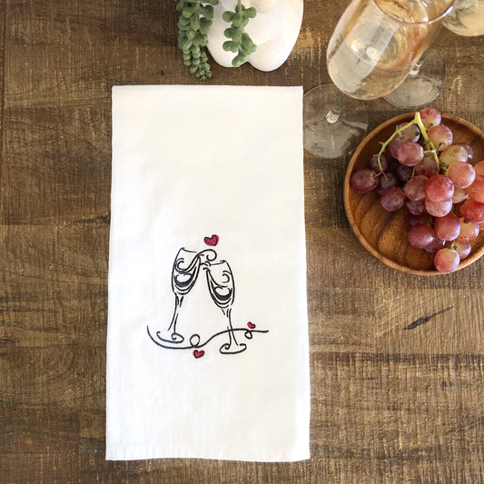 100% Organic Cotton Embroidered Dishtowel, Champagne Flutes