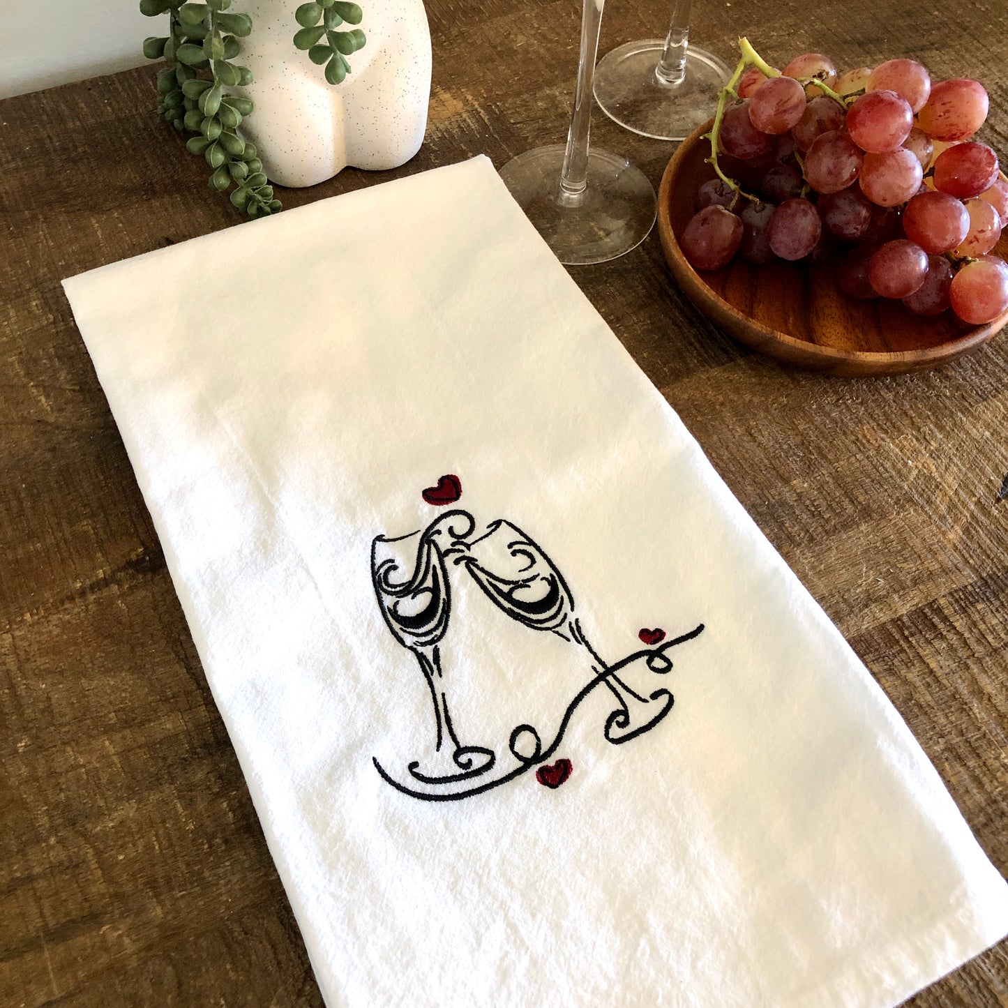 100% Organic Cotton Embroidered Dishtowel, Champagne Flutes