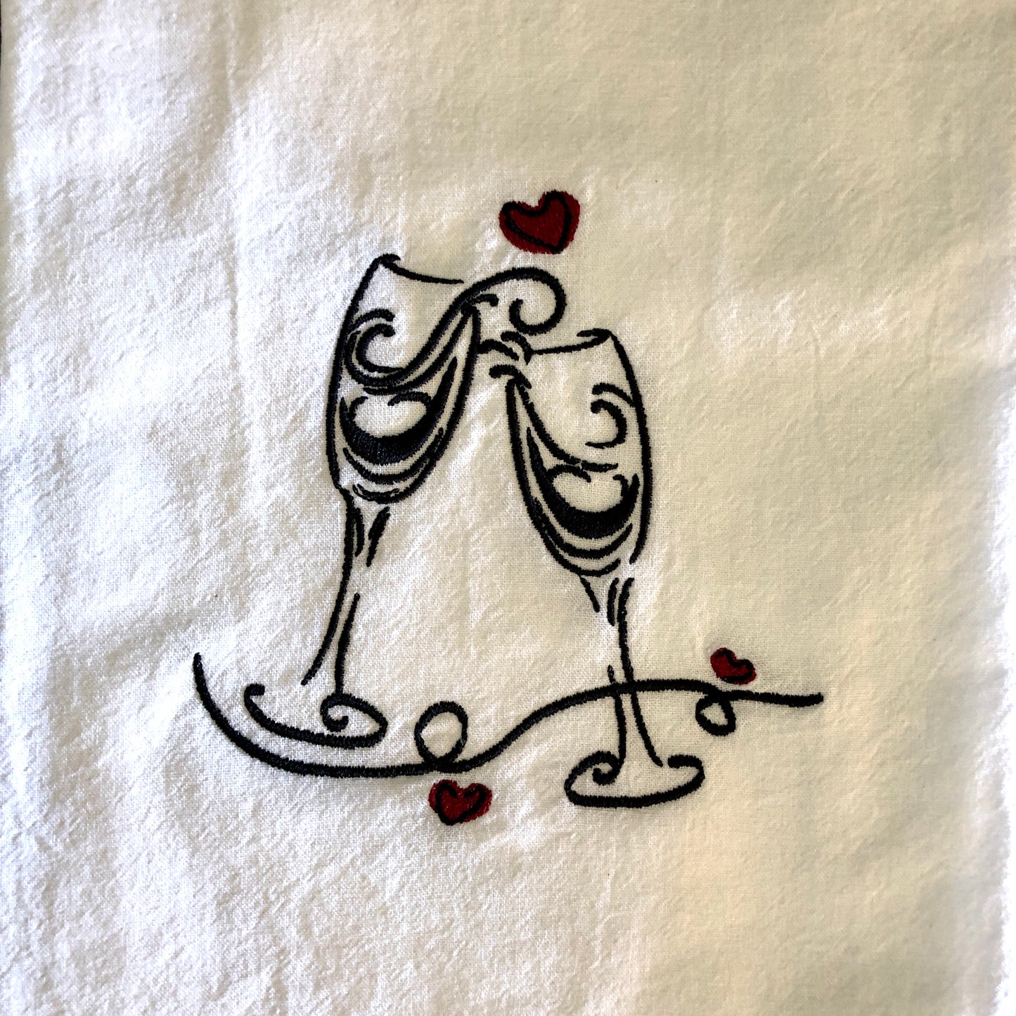100% Organic Cotton Embroidered Dishtowel, Champagne Flutes