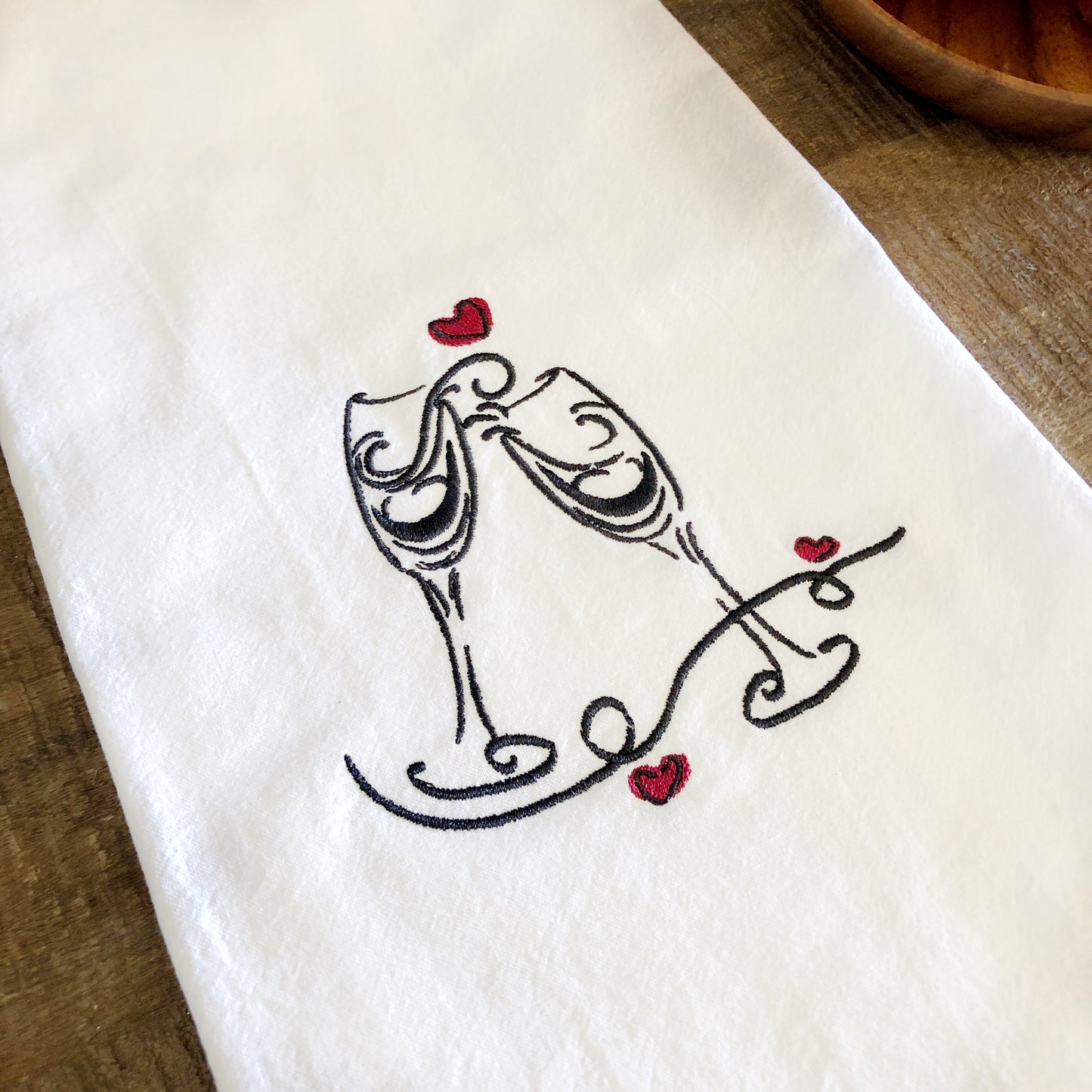 100% Organic Cotton Embroidered Dishtowel, Champagne Flutes