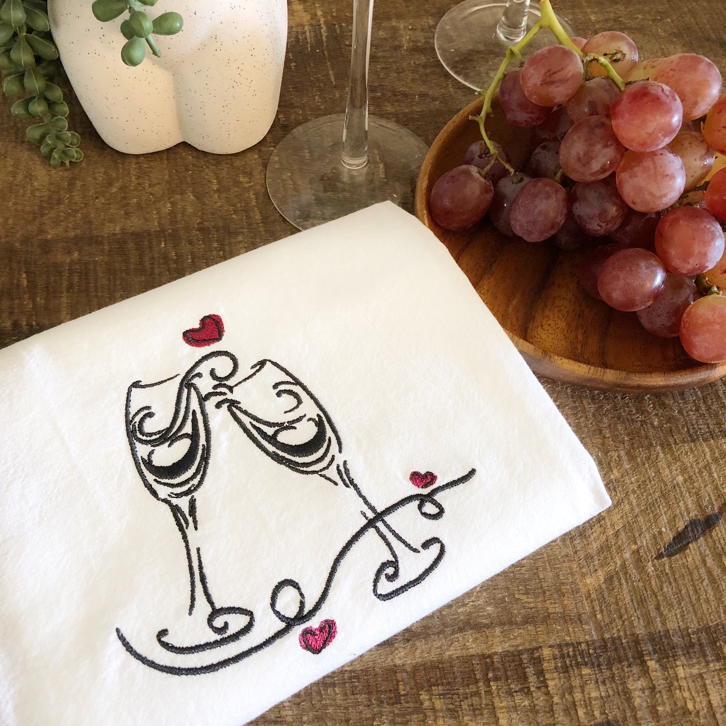 100% Organic Cotton Embroidered Dishtowel, Champagne Flutes