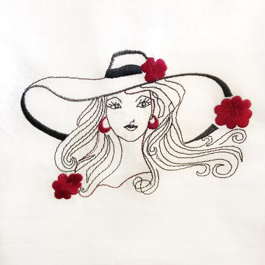 100% Organic Cotton Embroidered Dishtowel, Beautiful Lady