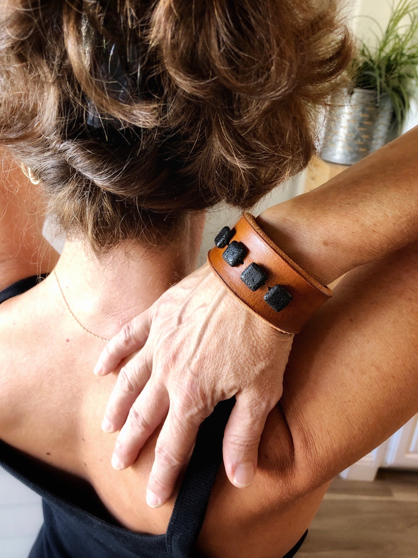 Brown Leather Bracelet with Black Lava Stone Beads