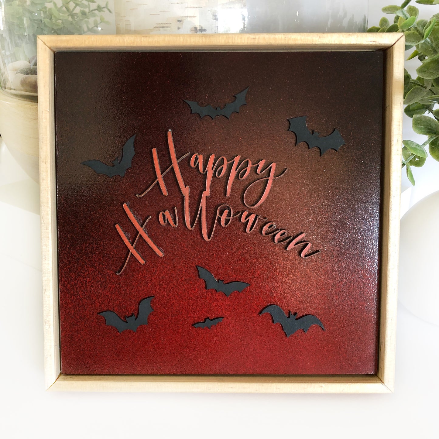 Halloween Hanging Wall Art: Happy Halloween with Flying Bats, Handmade