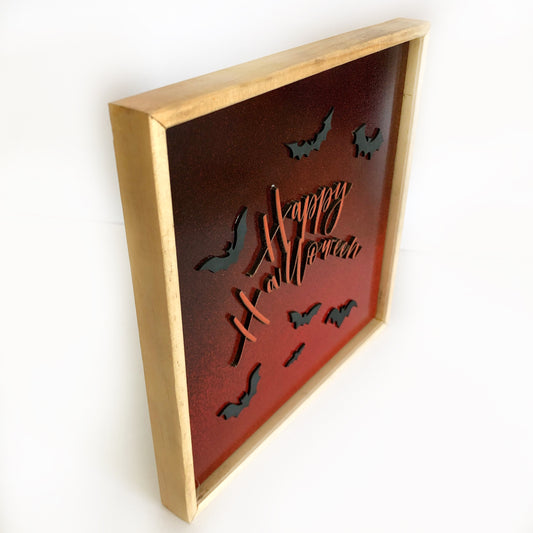 Halloween Hanging Wall Art: Happy Halloween with Flying Bats, Handmade