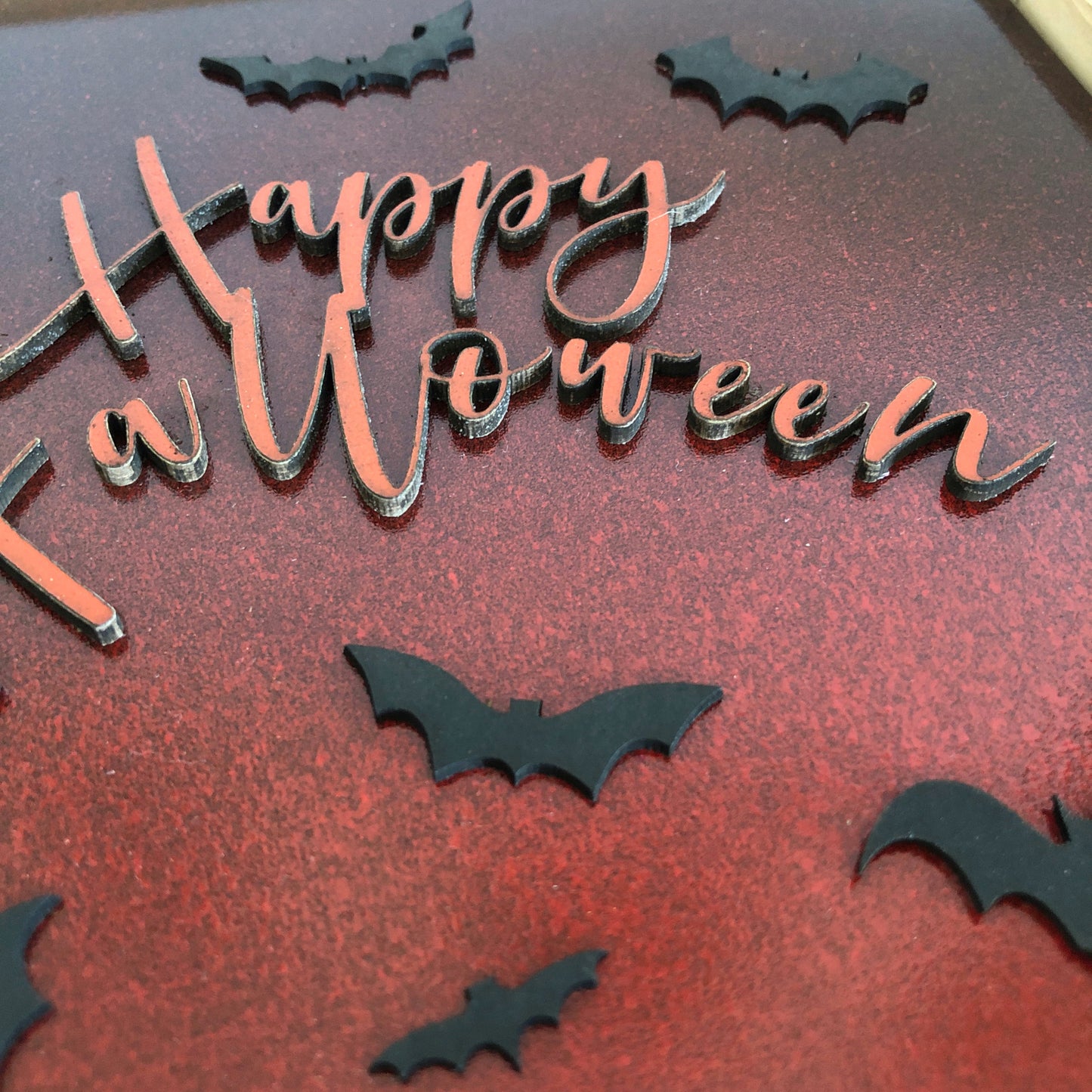 Halloween Hanging Wall Art: Happy Halloween with Flying Bats, Handmade