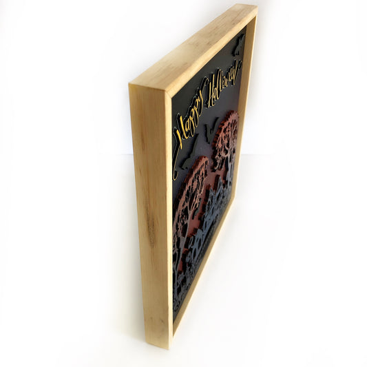 Halloween Hanging Wall Art: Haunted House with Flying Bats, Handmade