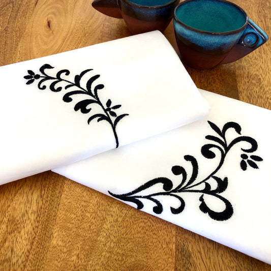 100% Organic Embroidered Cotton Dishtowel, Black & White Floral: set of two