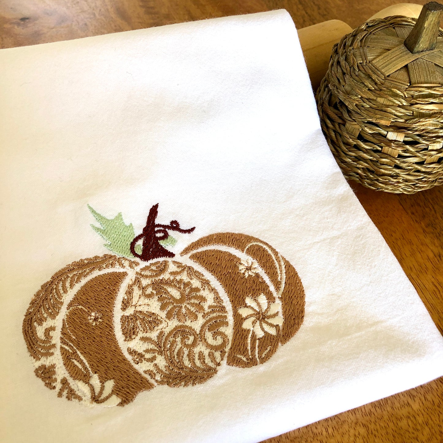 100% Organic Embroidered Cotton Dishtowel, Pumpkin
