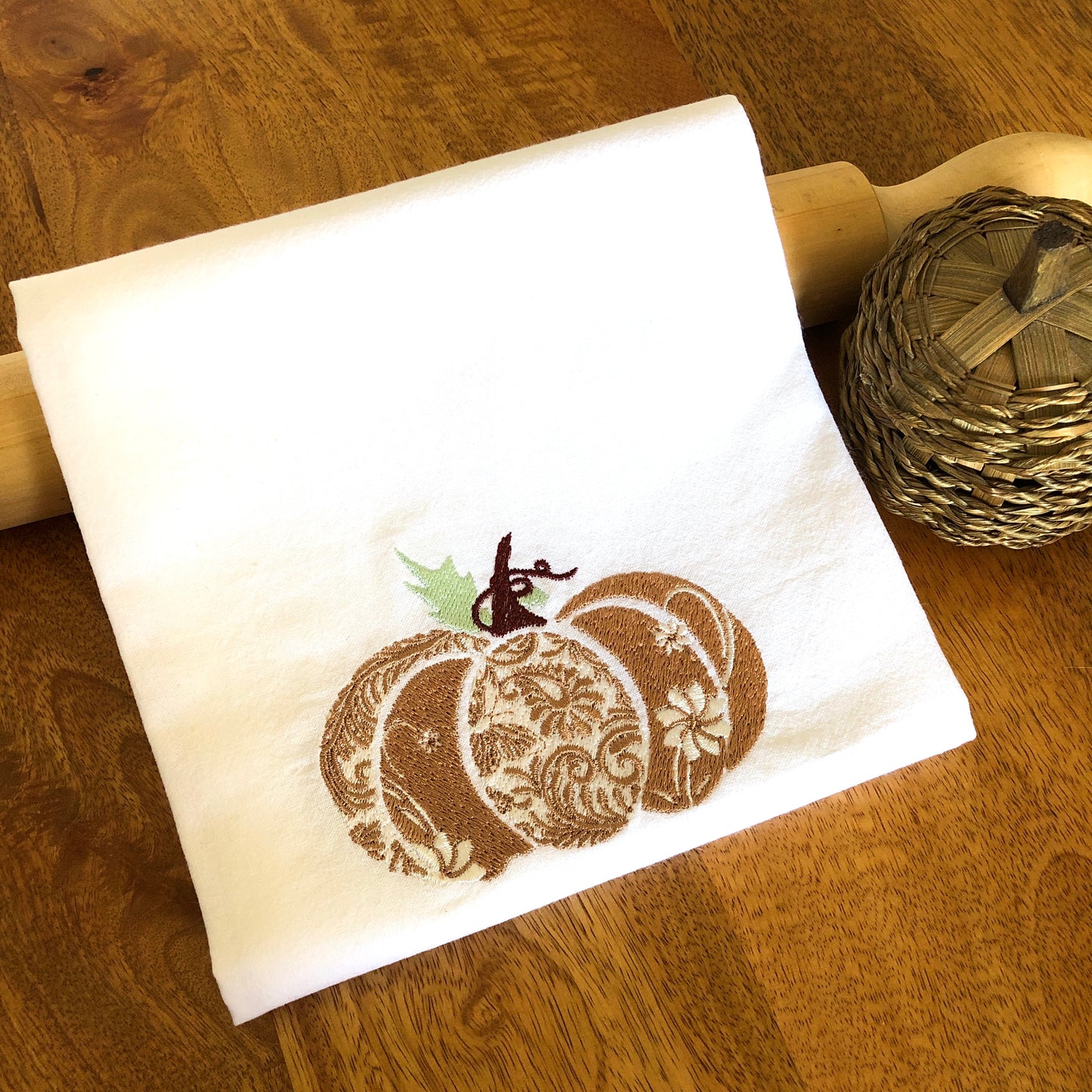 100% Organic Embroidered Cotton Dishtowel, Pumpkin