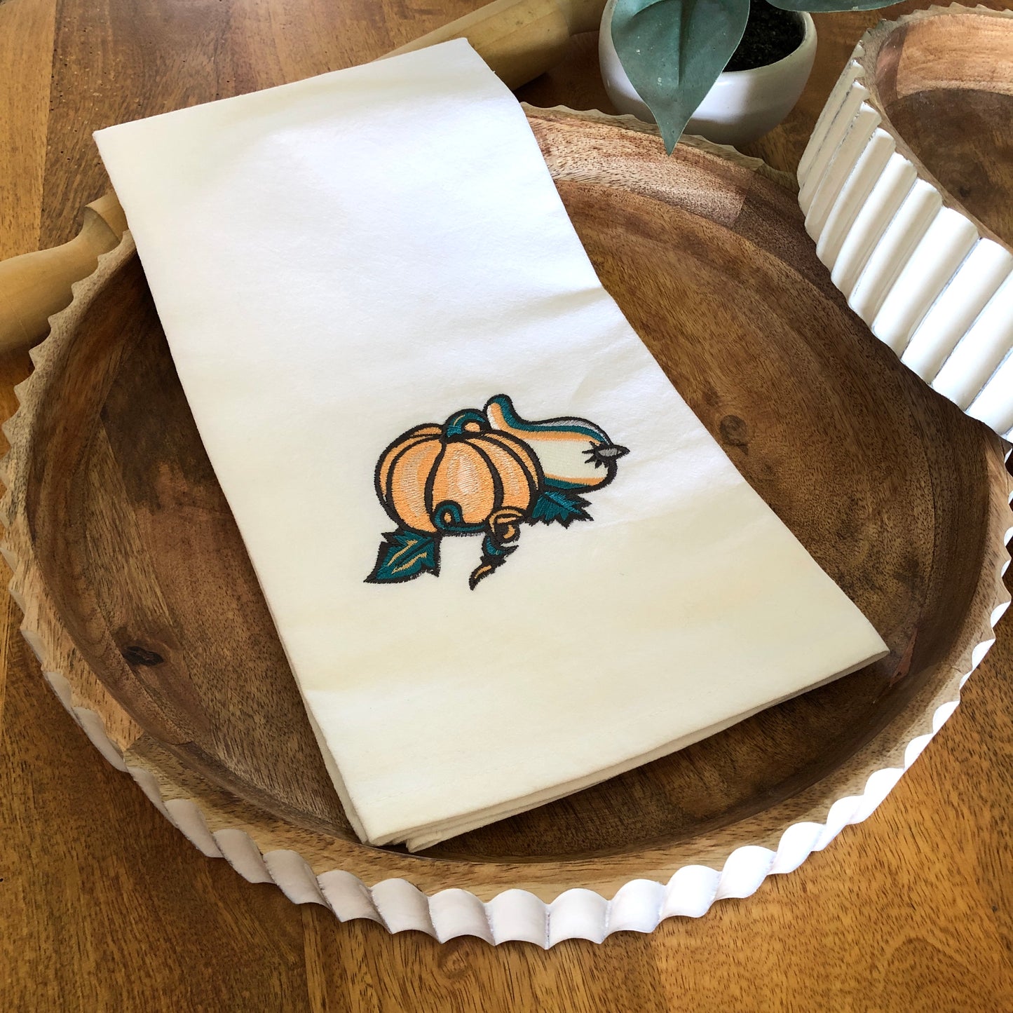 100% Organic Embroidered Cotton Dishtowel, Pumpkin and Squash
