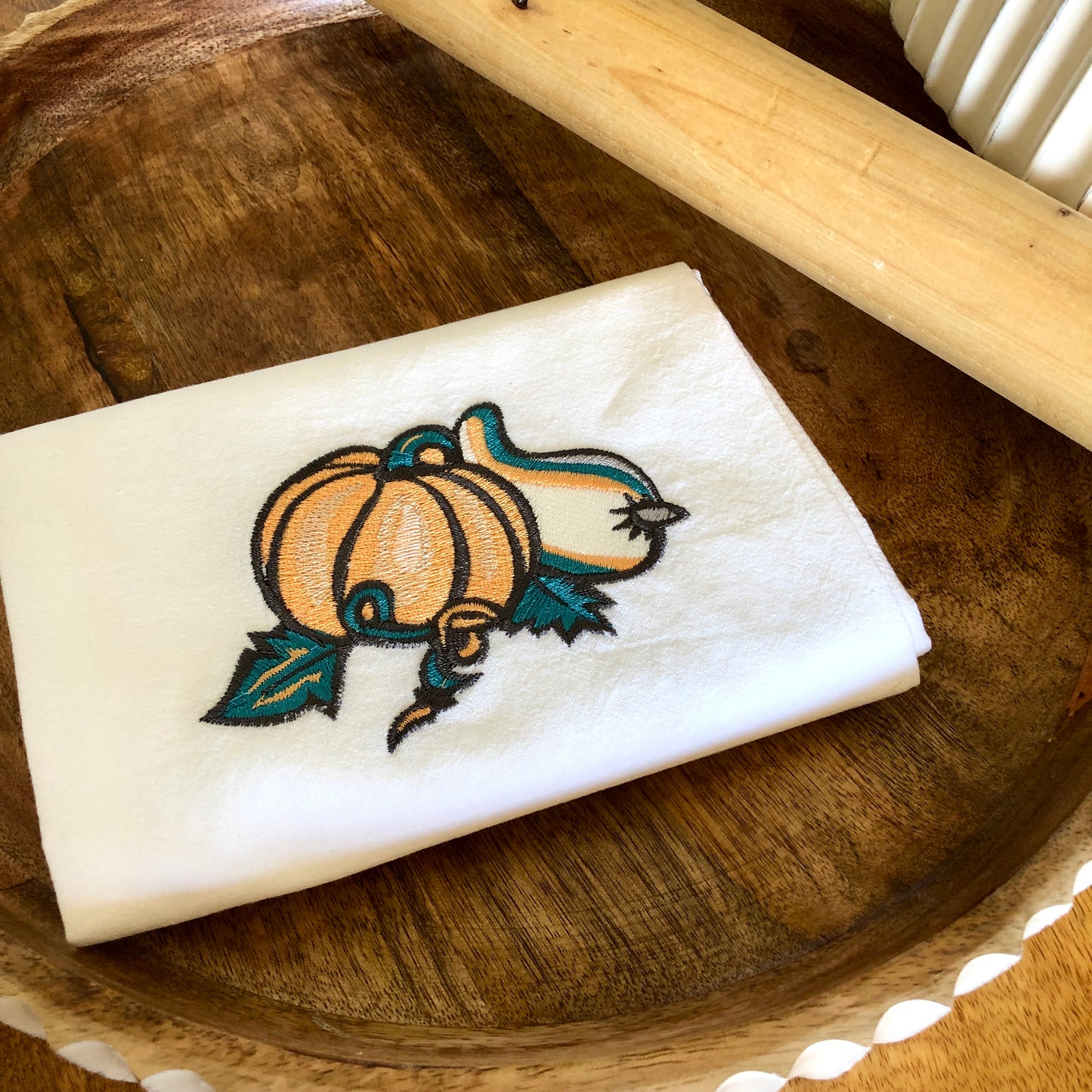100% Organic Embroidered Cotton Dishtowel, Pumpkin and Squash