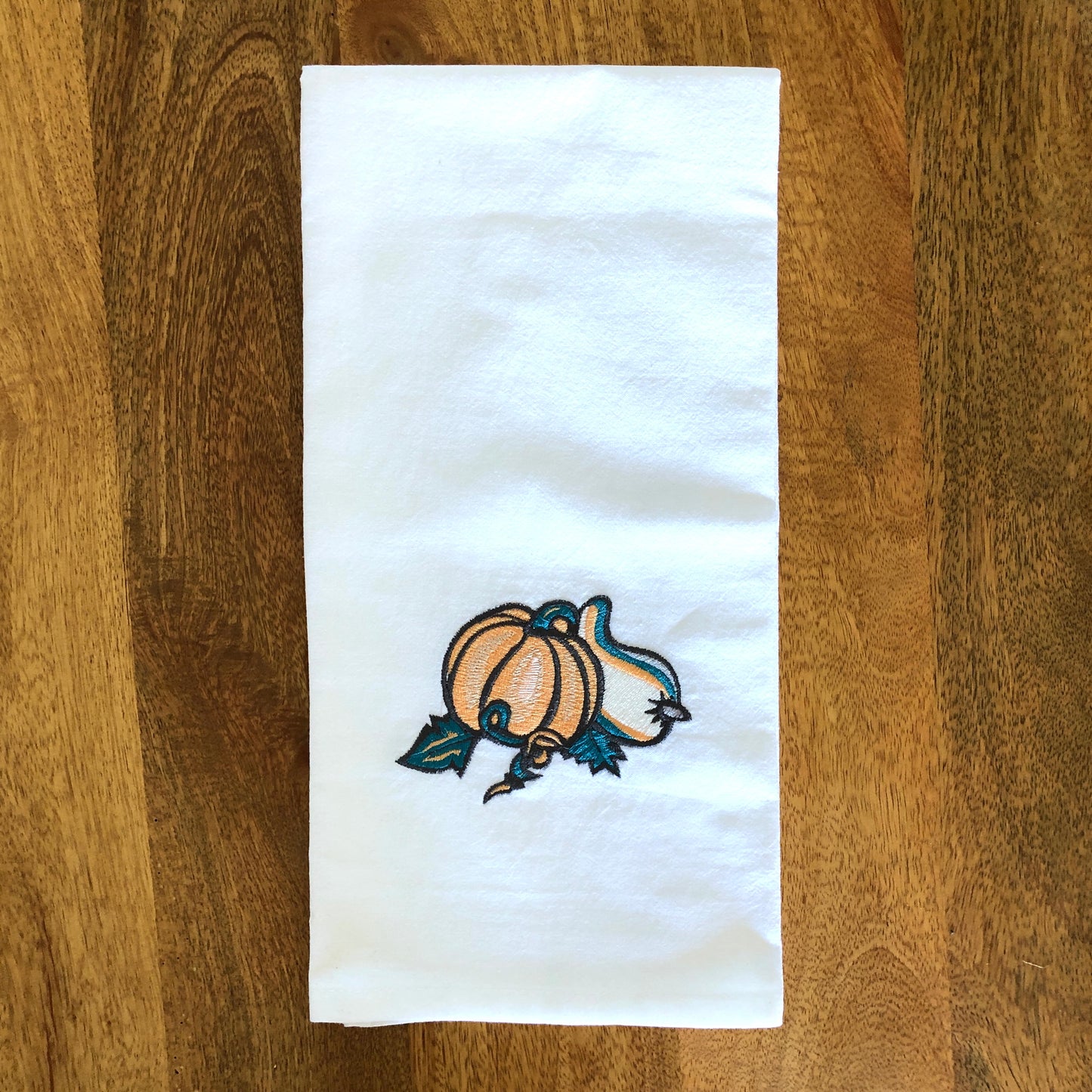 100% Organic Embroidered Cotton Dishtowel, Pumpkin and Squash