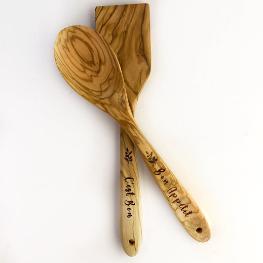 Set of Two Olive Wood Kitchen Utensils, Bon Appetit and C'est Bon