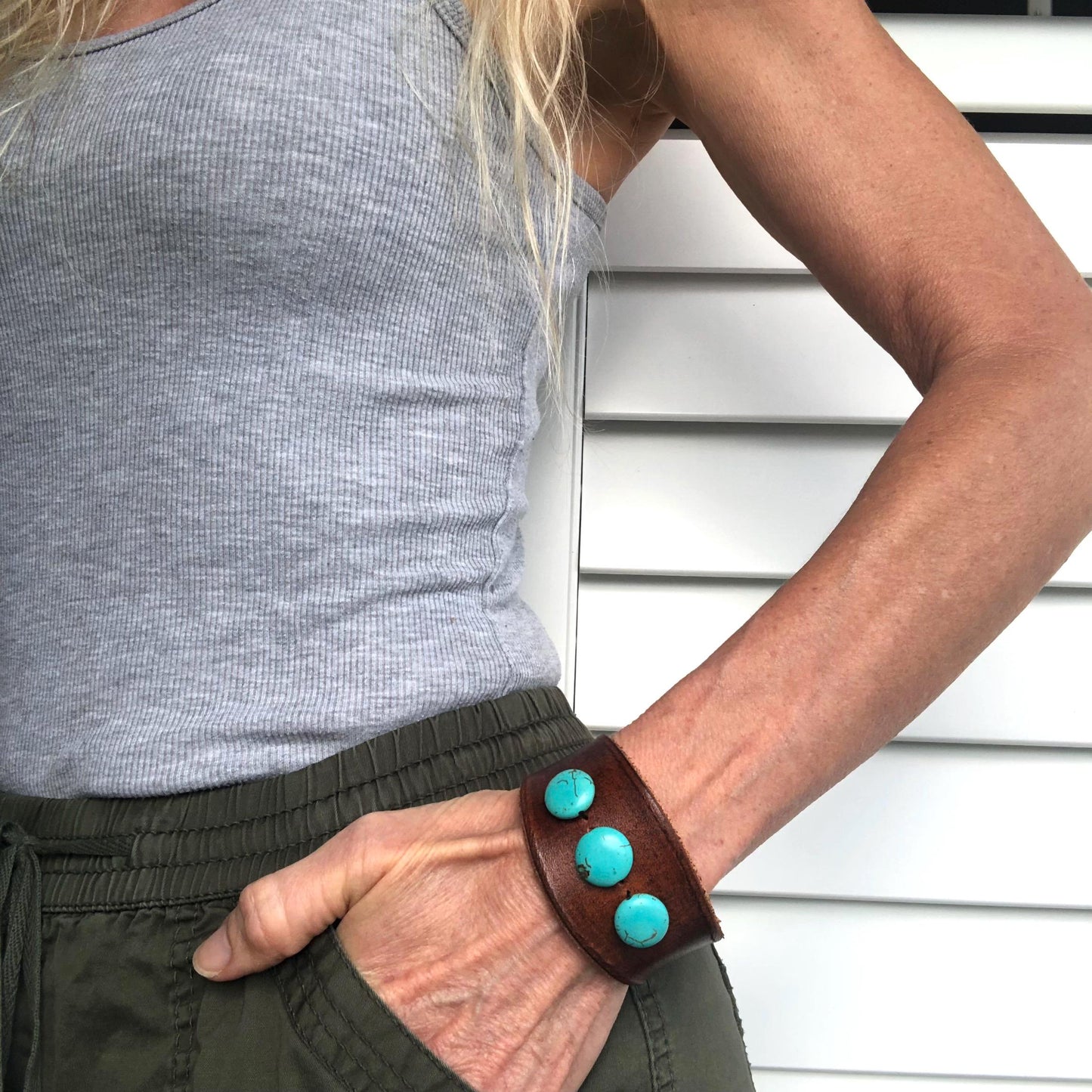 Brown Leather Bracelet with Round Turquoise Beads