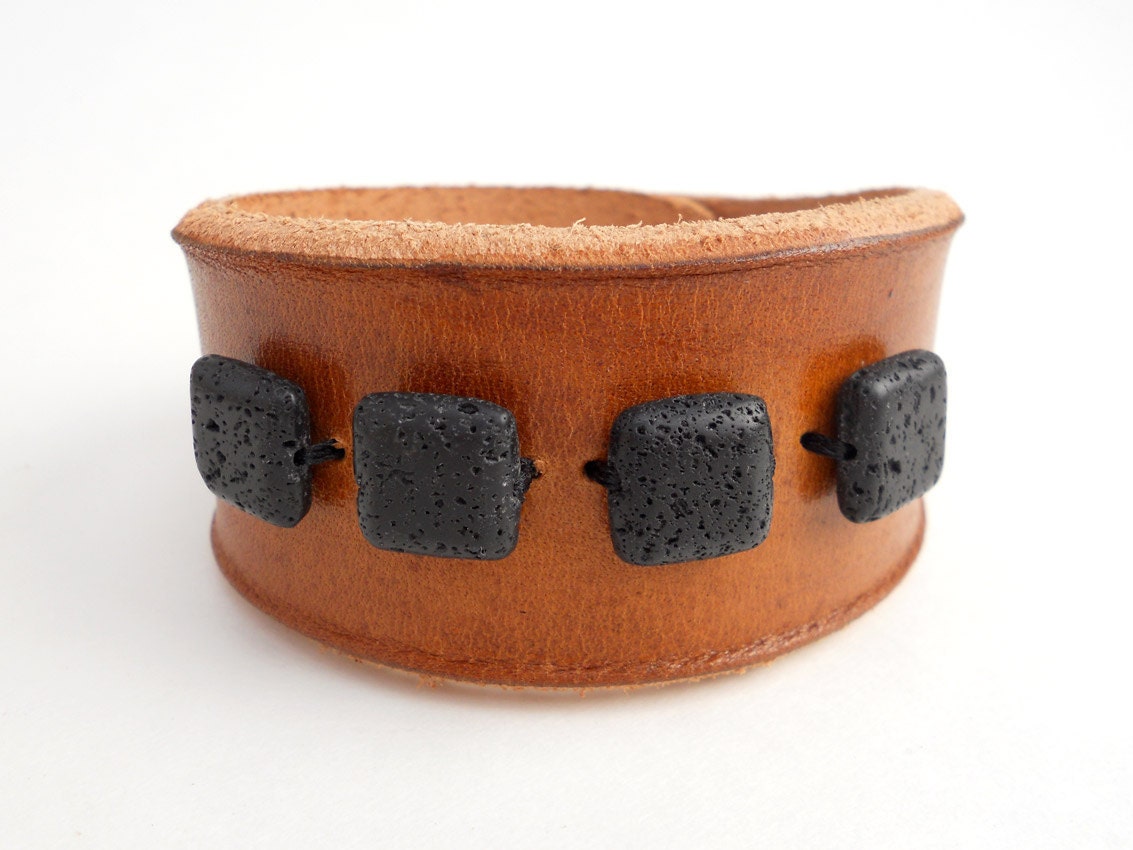 Brown Leather Bracelet with Black Lava Stone Beads