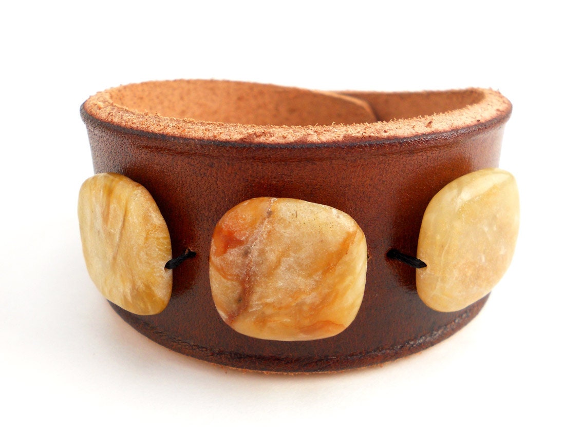Brown Leather Cuff Bracelet with Honey Colored Jade Stone Beads