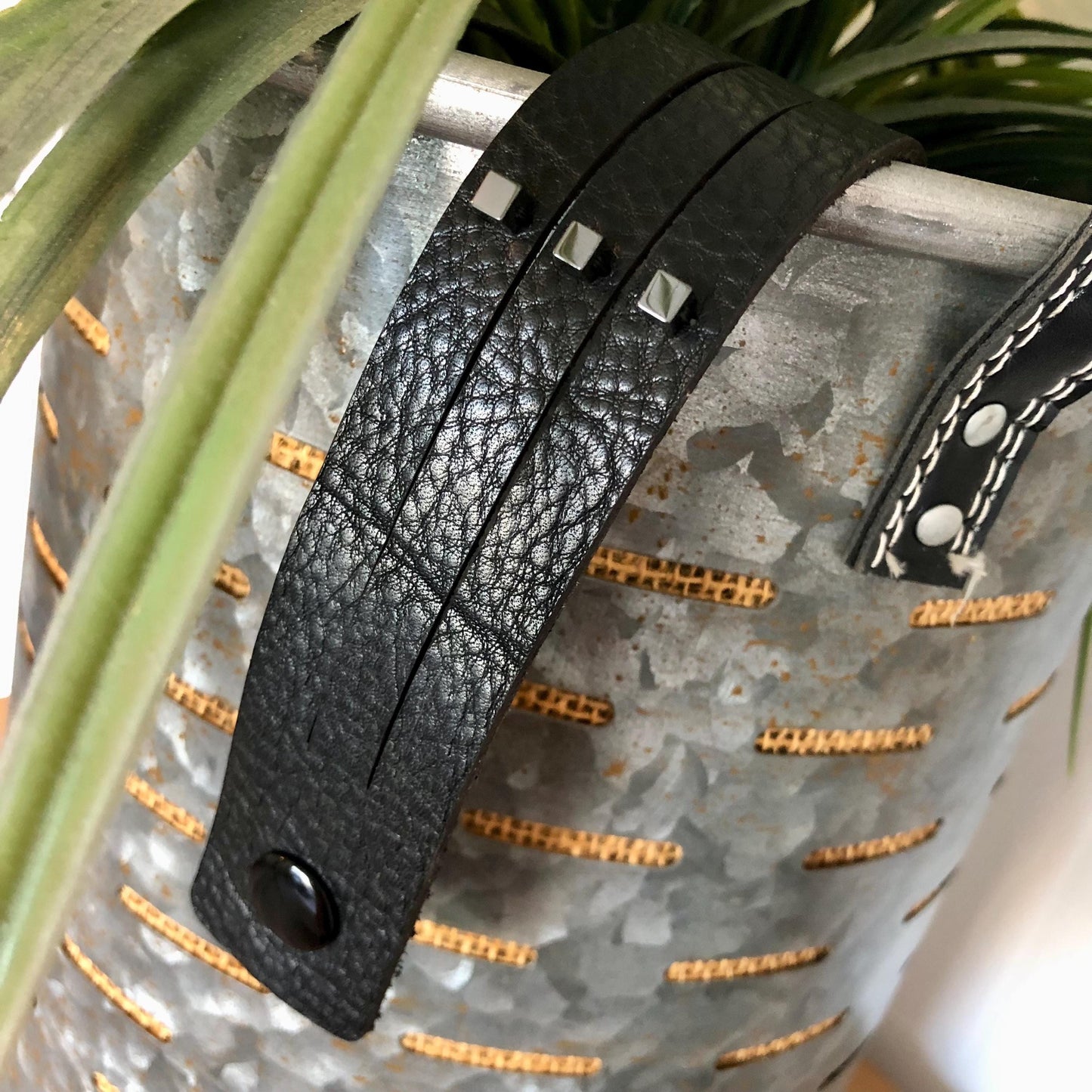 Black Leather Slit Cuff with Beads