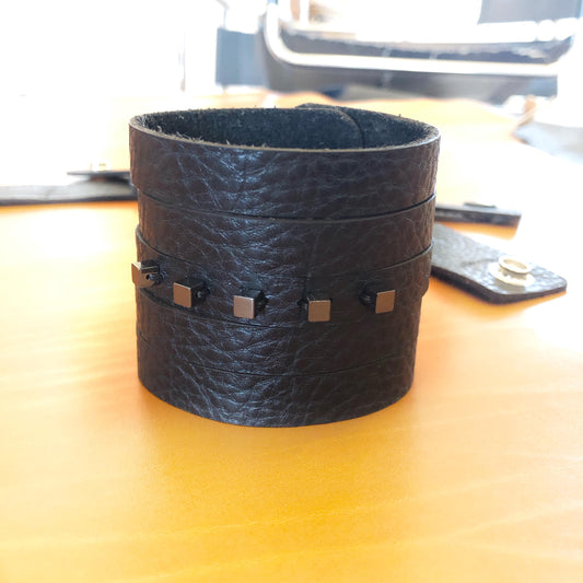 Handmade Genuine Leather Slit Cuff with Beads: Black