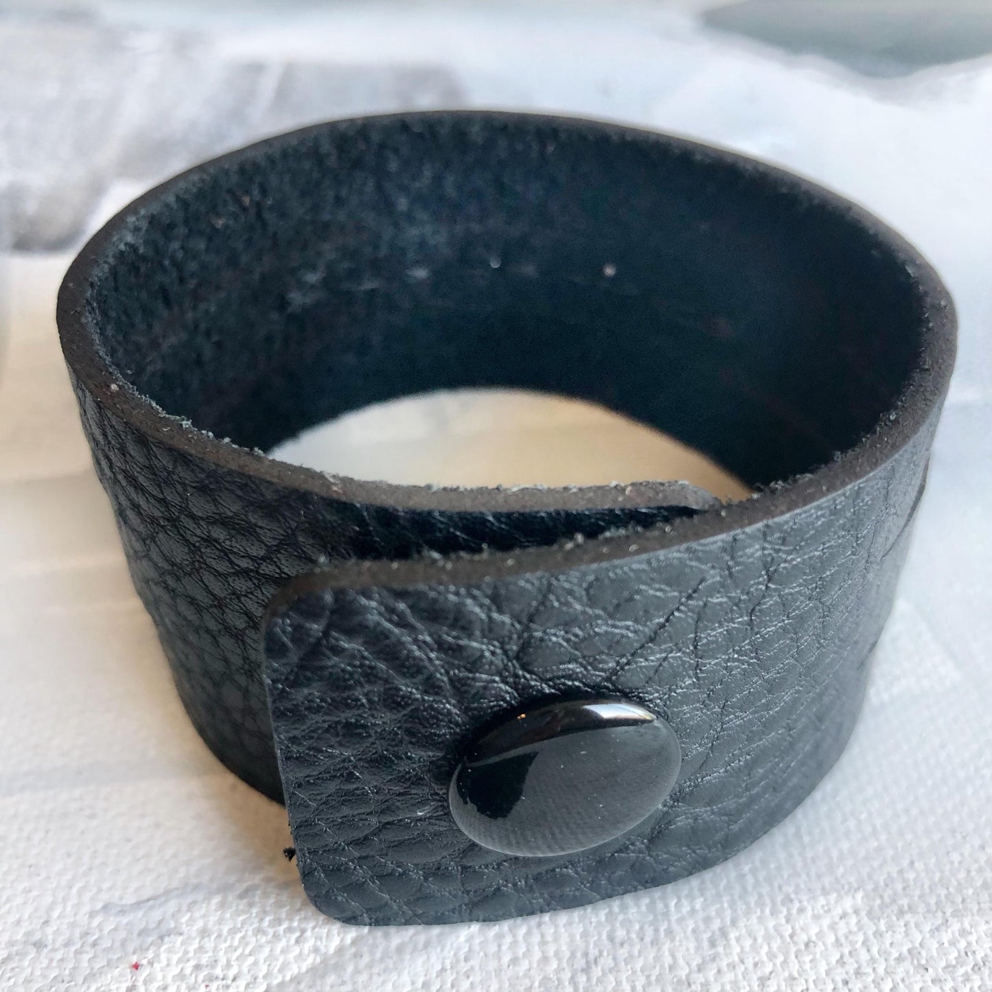 Black Leather Slit Cuff with Beads