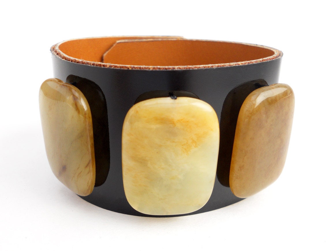 Black Patent Leather Bracelet Cuff with Jade Stone Beads