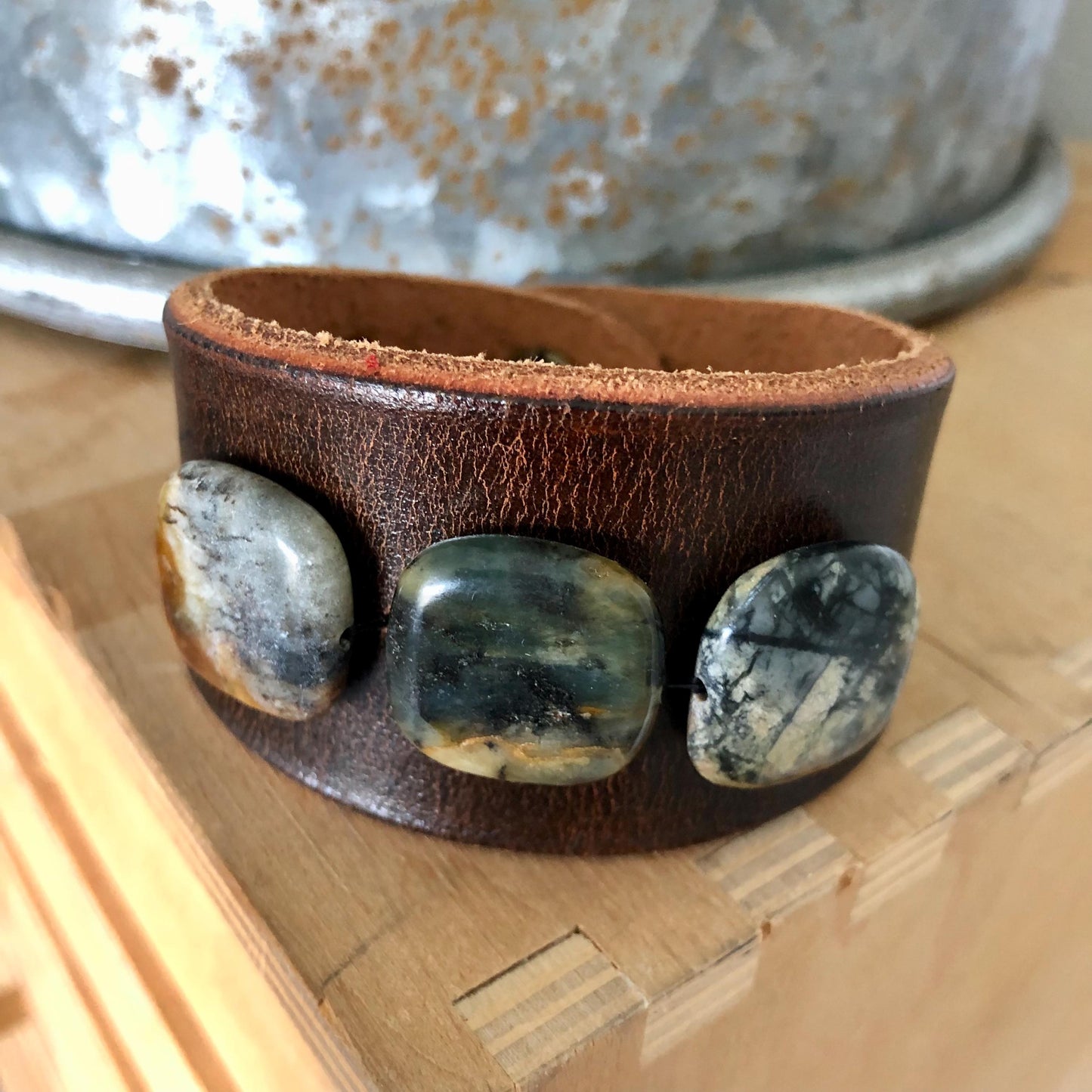 Brown Leather Bracelet with Earthy Jade Stone Beads