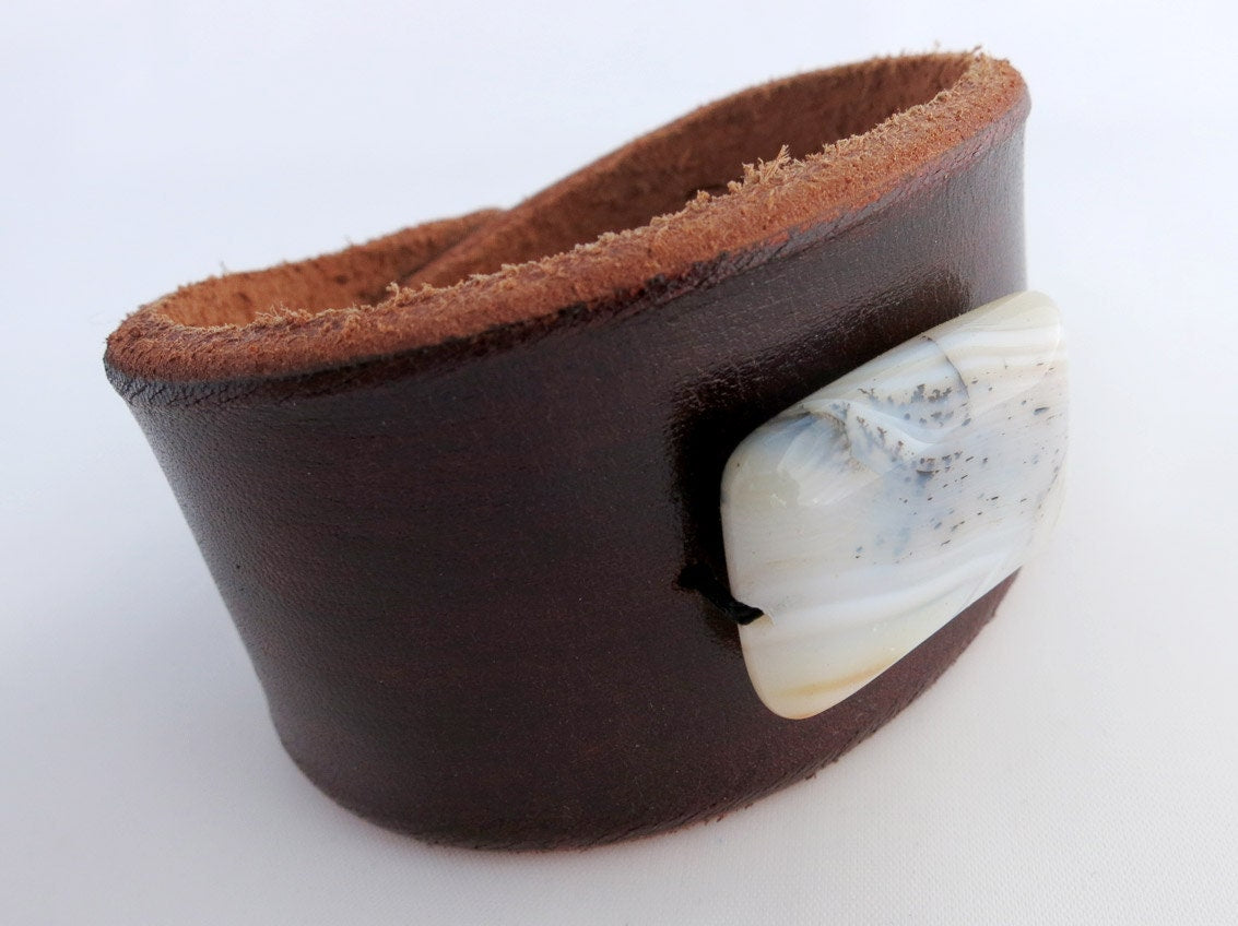 Brown Leather Cuff Bracelet with Carnelian Bead